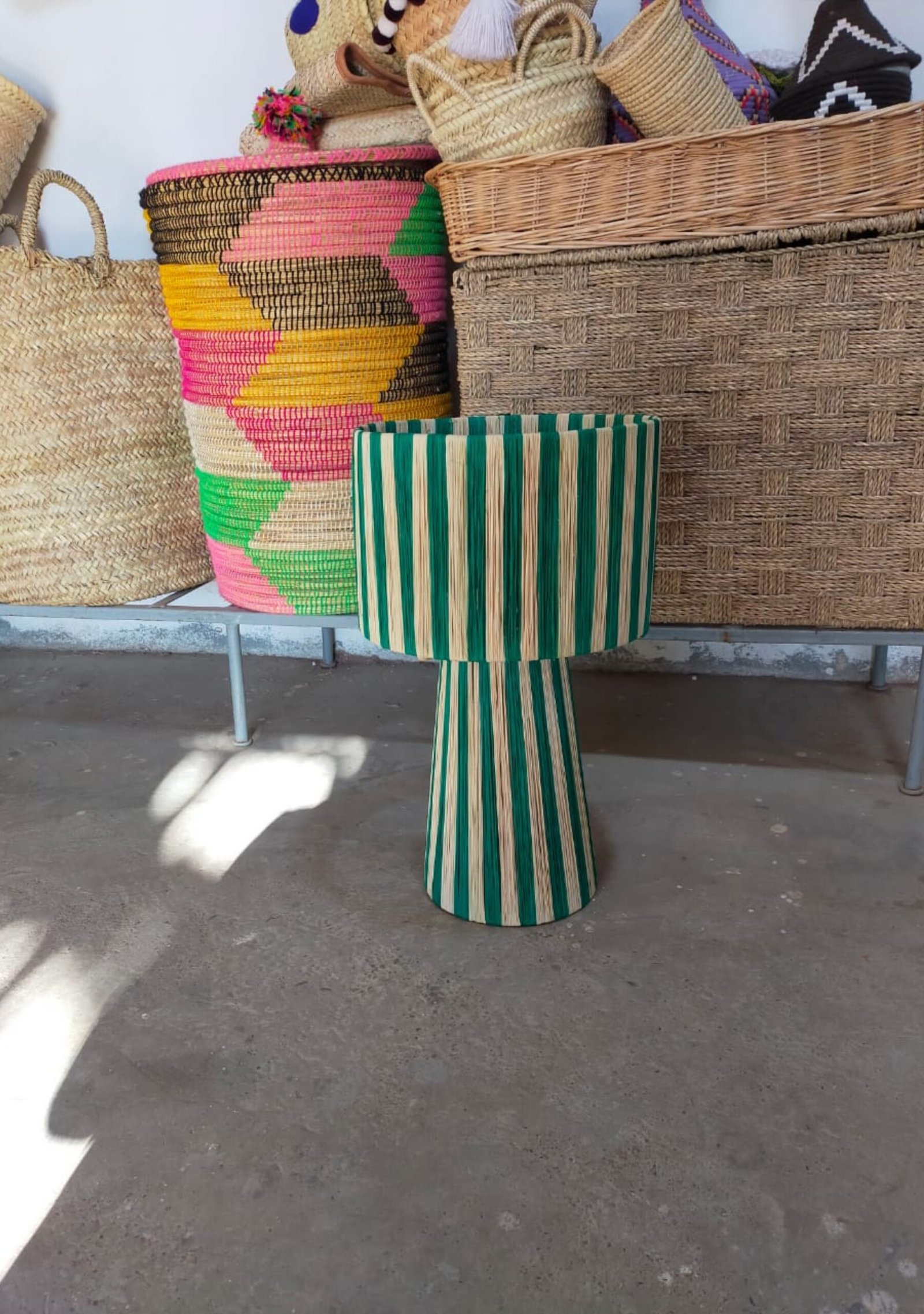 Handwoven Moroccan Raffia Side Table – Green & Natural Stripes