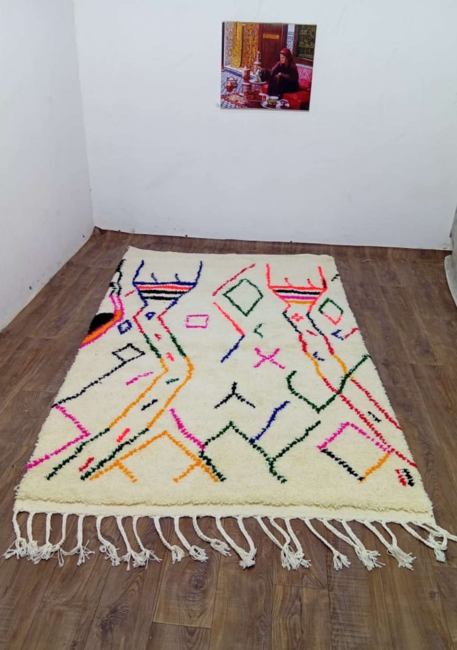Handwoven Moroccan Rug – Ivory with Colorful Amazigh Patterns
