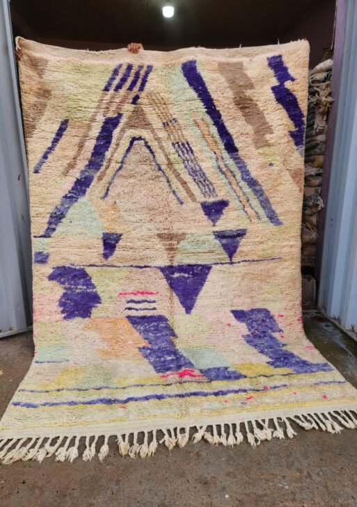 Handwoven Moroccan Rug – Neutral Tones with Indigo Geometric Accents
