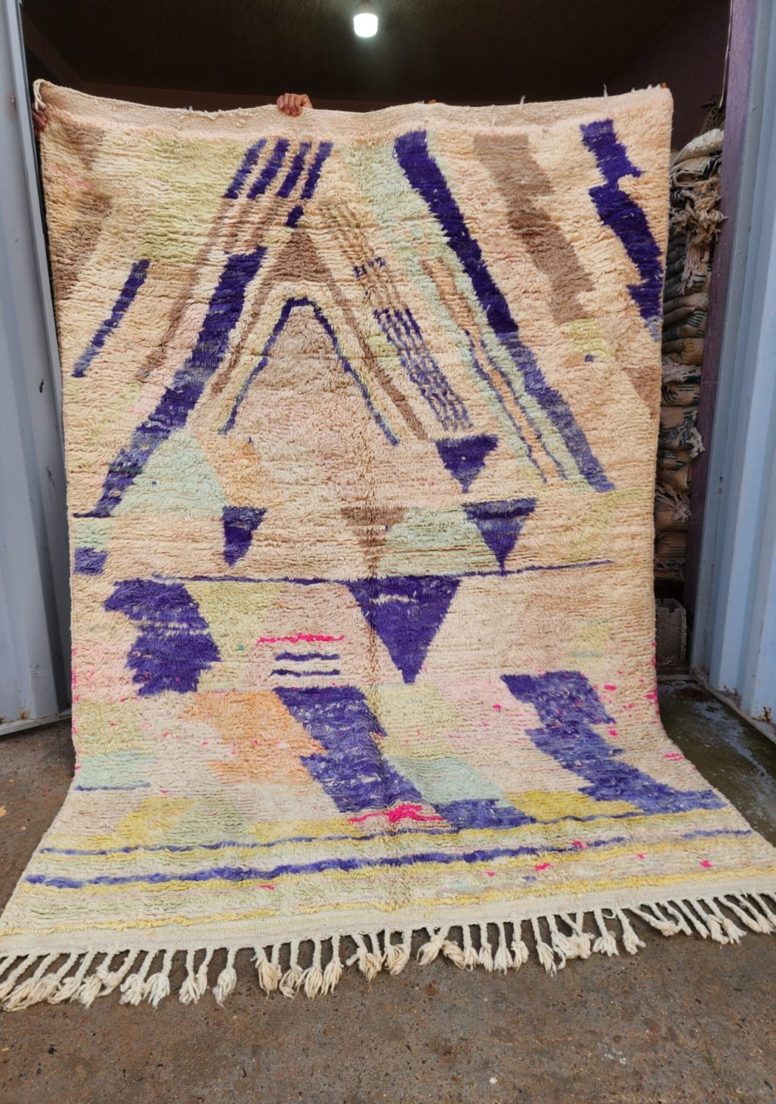 Handwoven Moroccan Rug – Neutral Tones with Indigo Geometric Accents