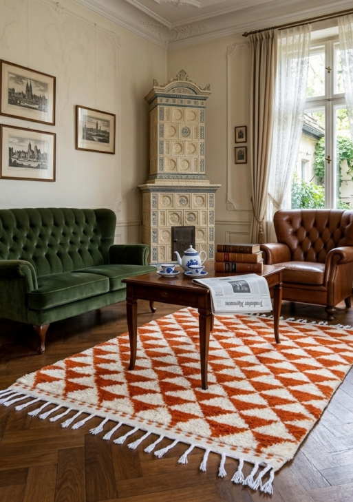 Burnt Orange and Cream Geometric Berber Rug