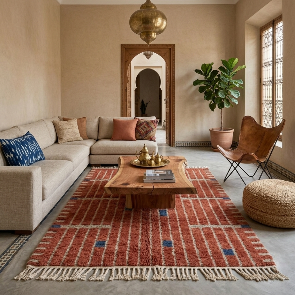 Handwoven Terracotta with Geometric Stripes Rug - Image 1